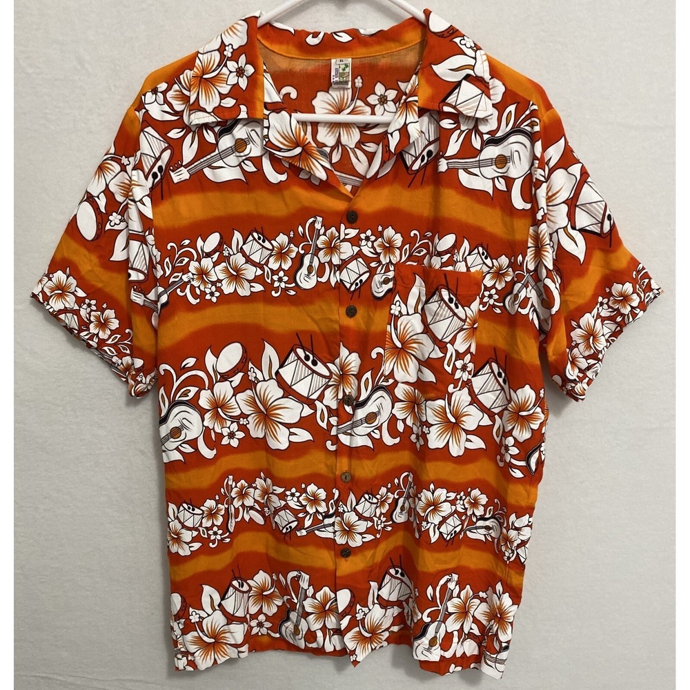 India Boutique Hawaiian Men's MEDIUM Short Sleeve Button Front Orange Shirt